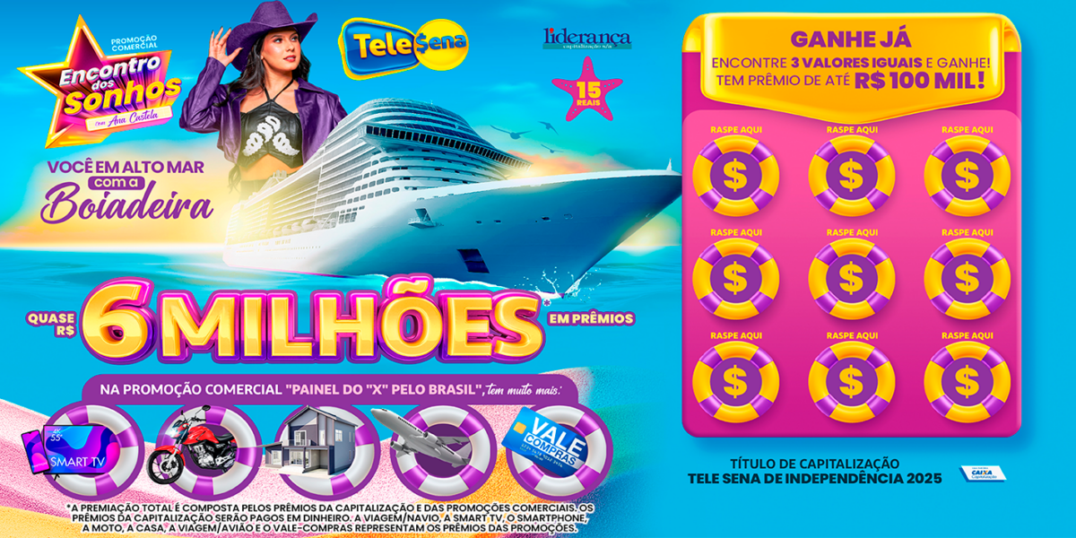 Bilhete da Tele Sena Da Independência 2025com Ana Castela e um navio, além da escrita de R$ 6 miçhões