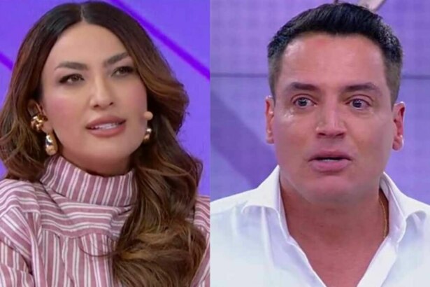 Montagem em tela dividida, com as imagens de Thayse Teixeira e Leo Dias. Thayse, de cabelo castanho comprido, usa uma blusa listrada e brincos dourados. Leo, de camisa branca, tem uma expressão de surpresa.