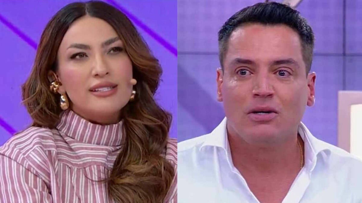 Montagem em tela dividida, com as imagens de Thayse Teixeira e Leo Dias. Thayse, de cabelo castanho comprido, usa uma blusa listrada e brincos dourados. Leo, de camisa branca, tem uma expressão de surpresa.