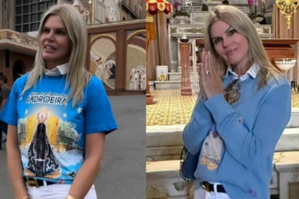 Montagem de Val Marchiori visitando o Santuário de Aparecida. Em uma foto, ela usa uma camiseta azul e, em outra, um suéter azul com as mãos em oração.