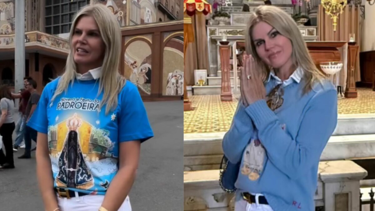 Montagem de Val Marchiori visitando o Santuário de Aparecida. Em uma foto, ela usa uma camiseta azul e, em outra, um suéter azul com as mãos em oração.