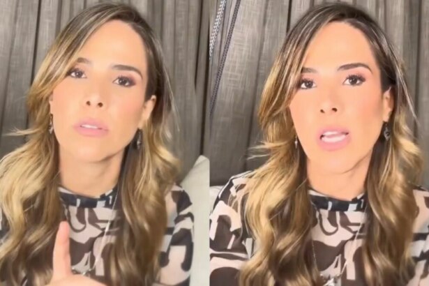A imagem é uma montagem de duas fotos. Na foto da esquerda, Wanessa Camargo está olhando para a câmera com uma expressão séria, com o dedo indicador esquerdo levantado. Ela tem os cabelos loiros com mechas escuras, e usa uma blusa com estampa de leopardo. Na foto da direita, ela tem a boca aberta, como se estivesse falando. Em ambas as fotos, o fundo é uma cortina escura.