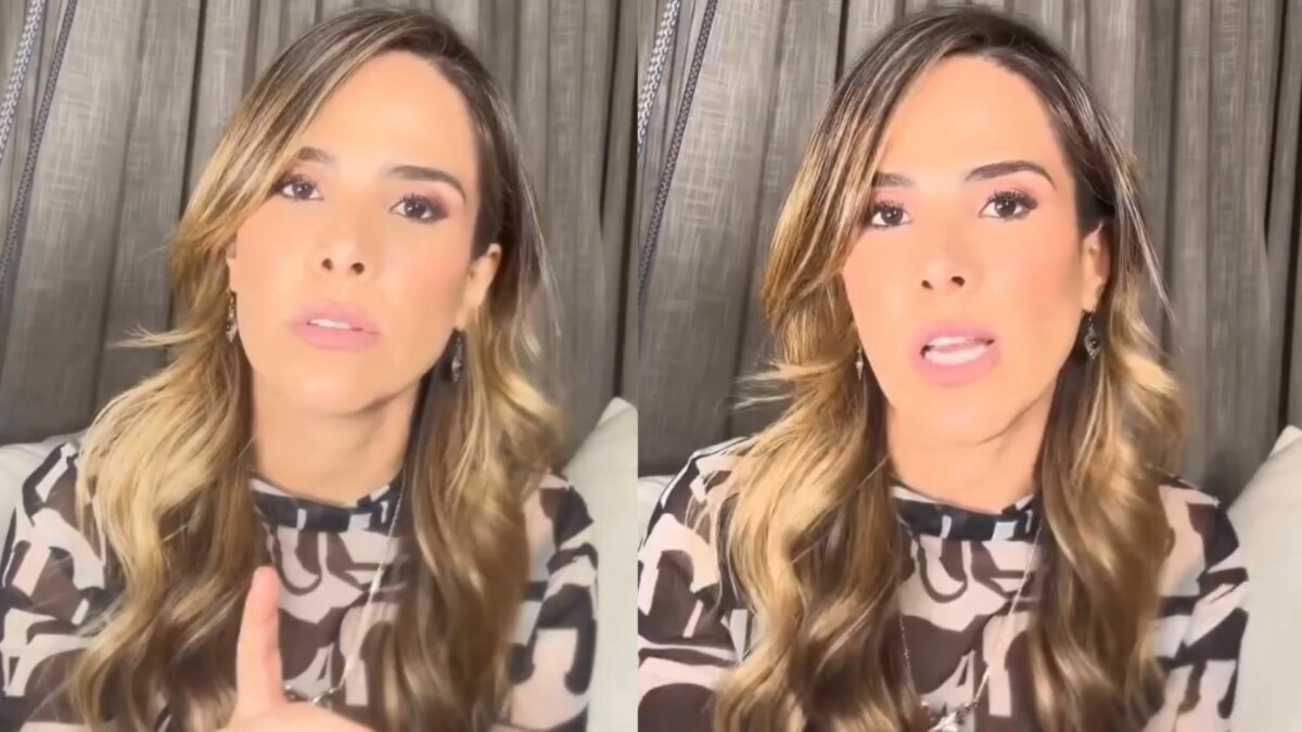 A imagem é uma montagem de duas fotos. Na foto da esquerda, Wanessa Camargo está olhando para a câmera com uma expressão séria, com o dedo indicador esquerdo levantado. Ela tem os cabelos loiros com mechas escuras, e usa uma blusa com estampa de leopardo. Na foto da direita, ela tem a boca aberta, como se estivesse falando. Em ambas as fotos, o fundo é uma cortina escura.