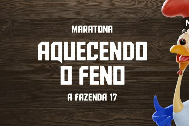 Logo da maratona "Aquecendo o Feno", com um galo de desenho animado e o título "A Fazenda 17" em letras brancas sobre um fundo de madeira
