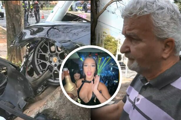 Cena do acidente envolvendo Bia Miranda e Gato Preto, mostrando um Porsche preto destruído após colidir com uma árvore, com policiais e socorristas ao fundo; ao lado, o motorista do outro veículo dá entrevista, enquanto uma imagem sobreposta mostra Bia Miranda em uma boate, sugerindo os momentos anteriores à colisão