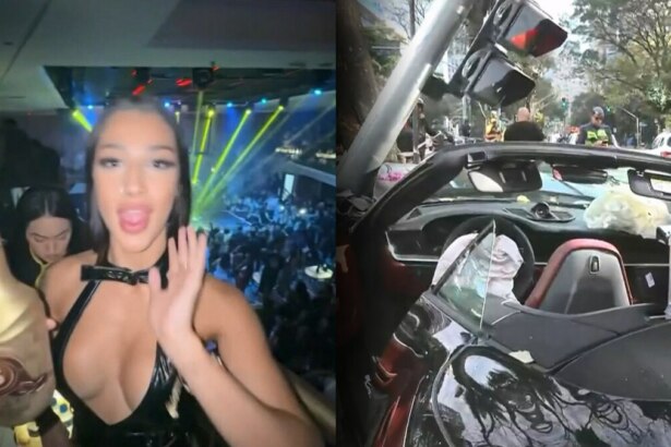 Montagem com dois momentos: à esquerda, Bia Miranda segura uma garrafa em festa com luzes vibrantes e multidão; à direita, o Porsche destruído após acidente em São Paulo, com airbags acionados e presença de socorristas