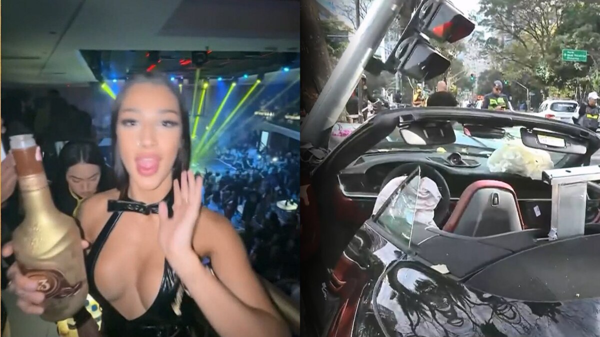 Montagem com dois momentos: à esquerda, Bia Miranda segura uma garrafa em festa com luzes vibrantes e multidão; à direita, o Porsche destruído após acidente em São Paulo, com airbags acionados e presença de socorristas