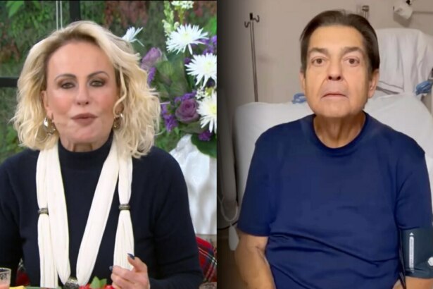 A esquerda, Ana Maria Braga aparece sentada no estúdio do Mais Você decorado com flores e folhagens, usando blusa preta e cachecol branco, transmitindo serenidade; à direita, Fausto Silva está em um leito hospitalar, vestindo camiseta azul escura e com equipamento médico no braço, em ambiente clínico com cama ajustável e monitores ao fundo