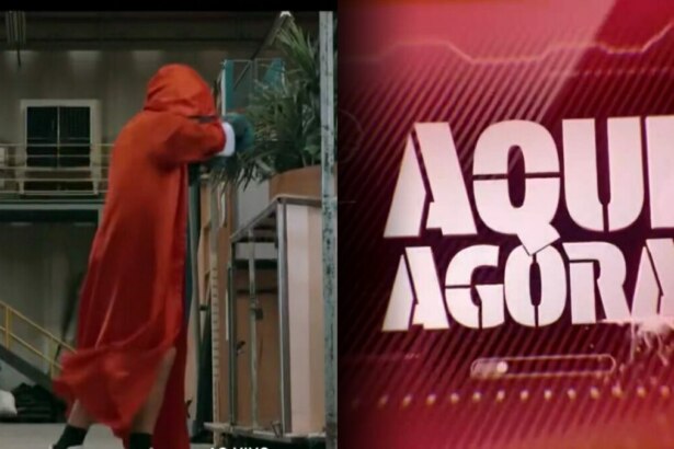 Homem lutando boxe com uma capa vermelha e o logo do Aqui Agora ao lado