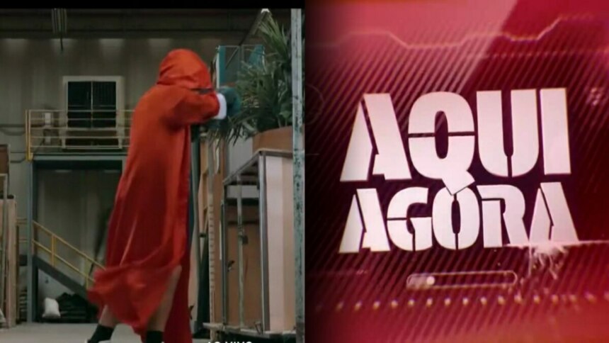 Homem lutando boxe com uma capa vermelha e o logo do Aqui Agora ao lado
