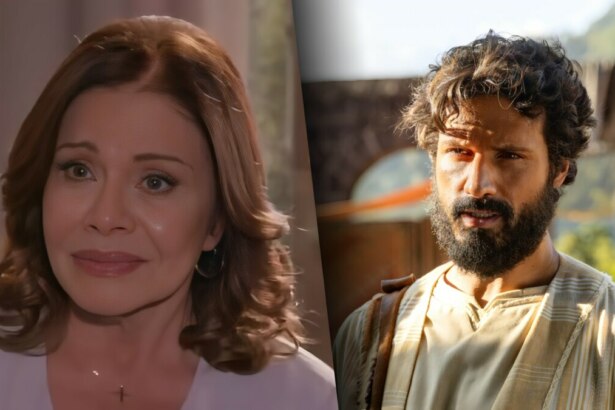 À esquerda, Ofélia com visual moderno representa ‘As Filhas da Senhora Garcia’, do SBT; à direita, Paulo com trajes bíblicos representa ‘Paulo, O Apóstolo’, da RECORD