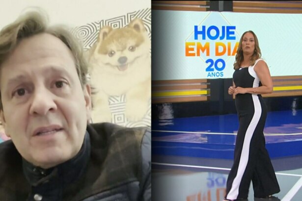 No lado esquerdo, Celso Zucatelli aparece em um close, com o rosto sério, durante uma videochamada. No lado direito, Renata Alves está no palco do programa "Hoje em Dia"