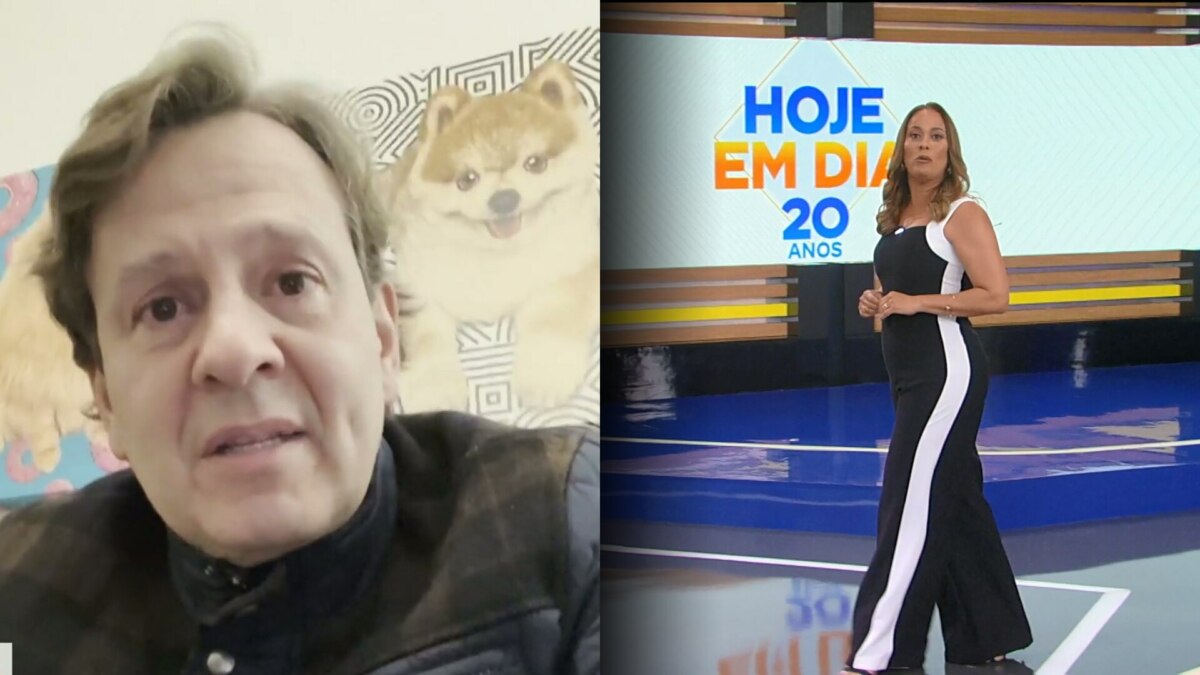 No lado esquerdo, Celso Zucatelli aparece em um close, com o rosto sério, durante uma videochamada. No lado direito, Renata Alves está no palco do programa "Hoje em Dia"