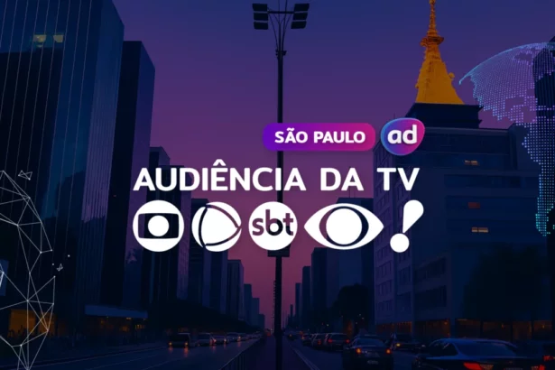 Gráfico sobre audiência de TV em São Paulo, com o título "Audiência da TV" e os logos da Globo, RECORD, SBT, Band e RedeTV!, sobre um fundo de cidade de São Paulo à noite