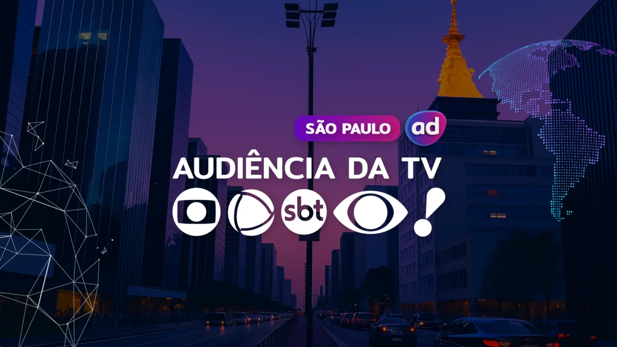 Gráfico sobre audiência de TV em São Paulo, com o título "Audiência da TV" e os logos da Globo, RECORD, SBT, Band e RedeTV!, sobre um fundo de cidade de São Paulo à noite