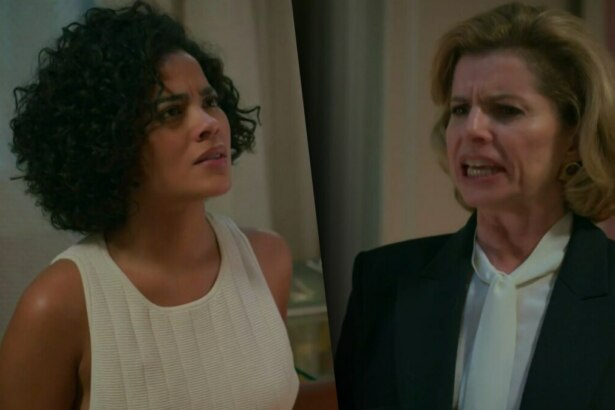 Duas personagens de "Vale Tudo", da (TV Globo), aparecem em cena tensa. À esquerda, Fátima, com cabelo cacheado e vestindo blusa branca, demonstra insegurança. À direita, Odete Roitman, de blazer escuro e expressão séria, encara Fátima com autoridade, representando o momento em que exige o fim do perfil da nora nas redes sociais.