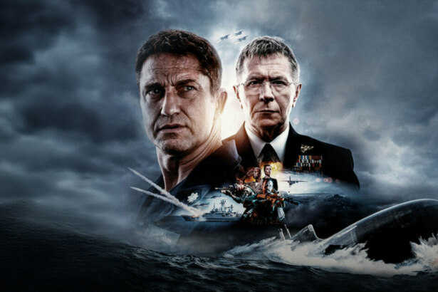 Pôster do filme Fúria em Alto-Mar mostra oficiais militares condecorados diante de um mar tempestuoso, com submarino emergindo, navio de guerra, caças e soldados em ação, destacando suspense e ação naval
