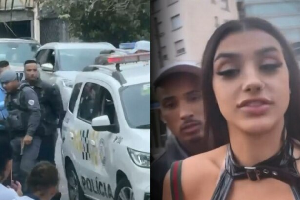 Montagem com duas cenas: à esquerda, policiais abordam pessoas ao lado de uma viatura da Polícia Militar em São Paulo, durante a prisão do influenciador Gato Preto após acidente com um Porsche; à direita, Gato Preto e Bia Miranda aparecem juntos em vídeo, momentos antes do ocorrido, em ambiente urbano com prédios e ônibus ao fundo