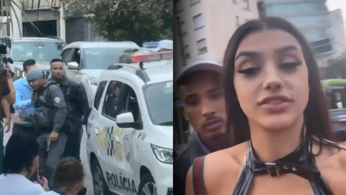Montagem com duas cenas: à esquerda, policiais abordam pessoas ao lado de uma viatura da Polícia Militar em São Paulo, durante a prisão do influenciador Gato Preto após acidente com um Porsche; à direita, Gato Preto e Bia Miranda aparecem juntos em vídeo, momentos antes do ocorrido, em ambiente urbano com prédios e ônibus ao fundo