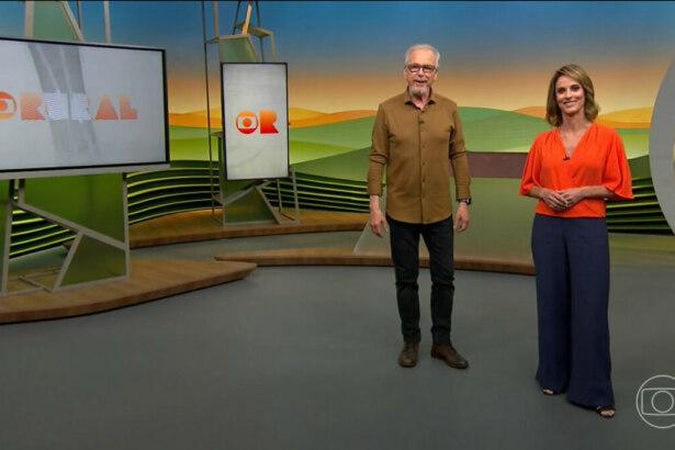Apresentadores do Globo Rural no estúdio com telas ao fundo destacando o programa de 24/08/2025
