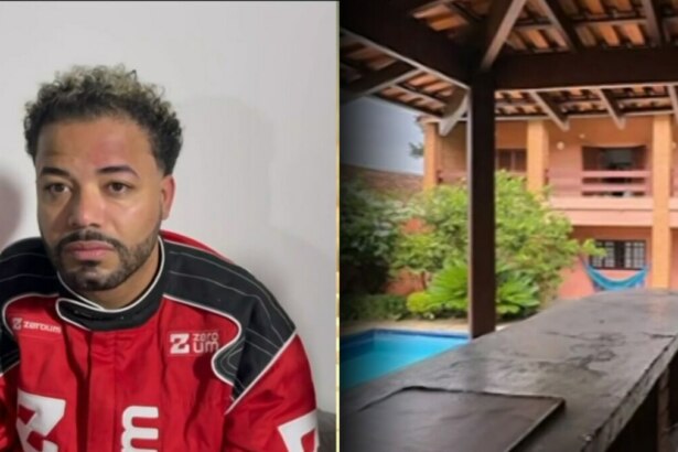 Montagem de duas fotos: Hytalo Santos com uma jaqueta de corrida e a área externa de uma casa com piscina