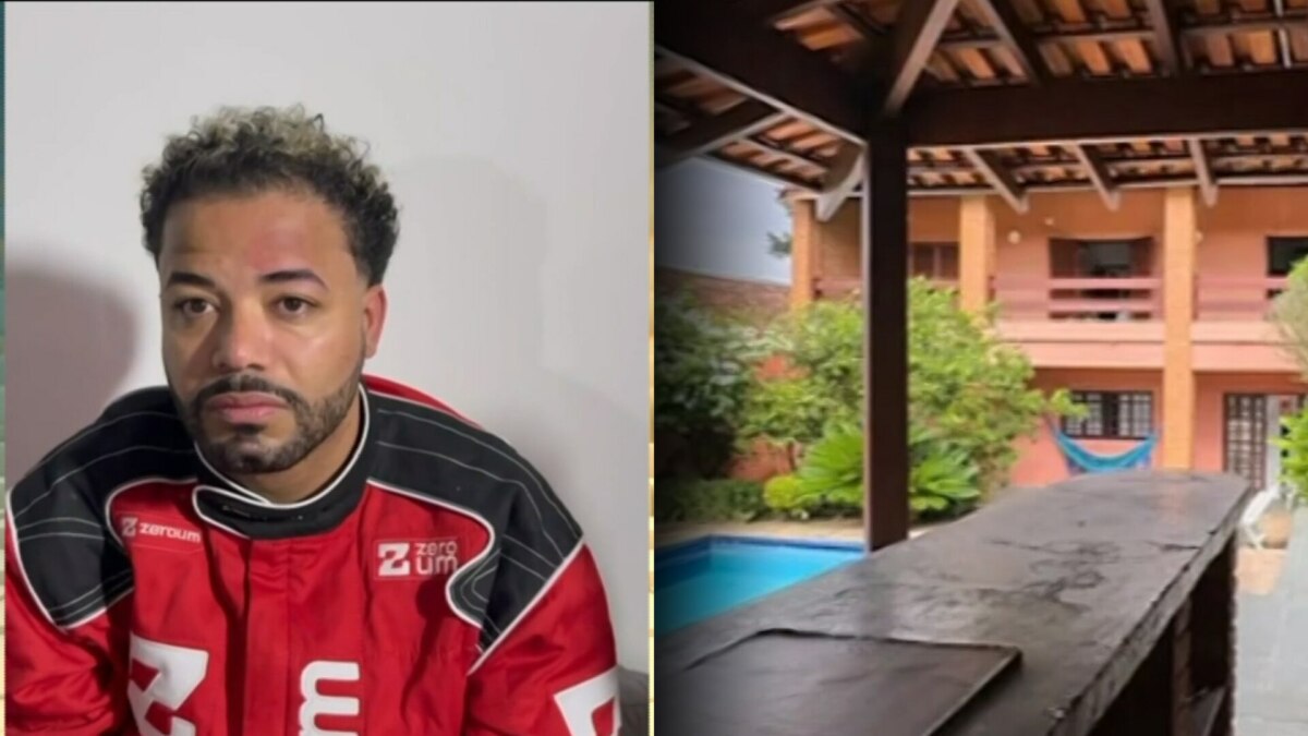 Montagem de duas fotos: Hytalo Santos com uma jaqueta de corrida e a área externa de uma casa com piscina