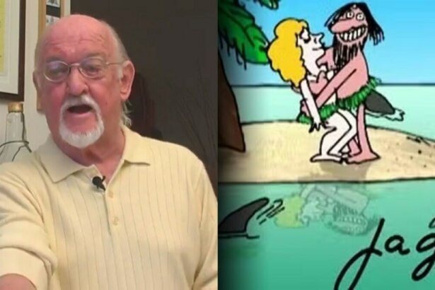 Jaguar em entrevista ao lado de uma de suas ilustrações satíricas, da vinheta da Globo