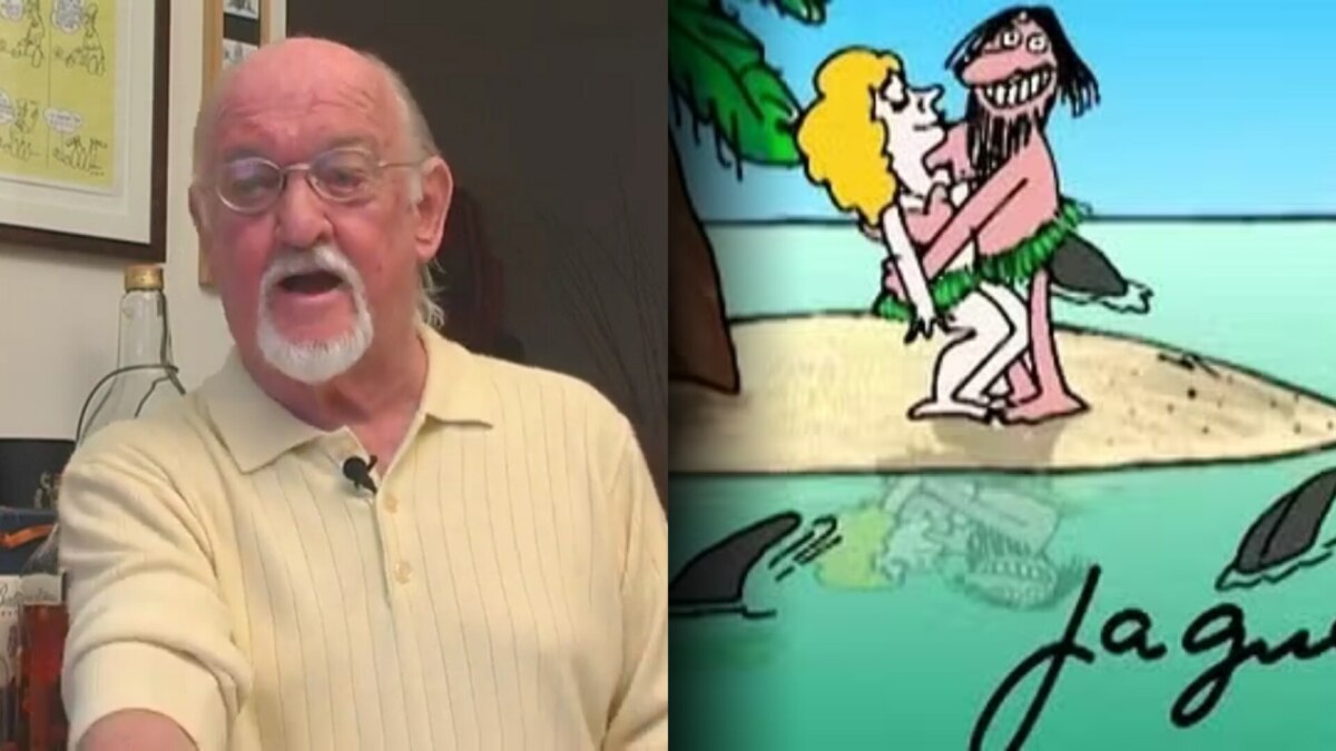 Jaguar em entrevista ao lado de uma de suas ilustrações satíricas, da vinheta da Globo