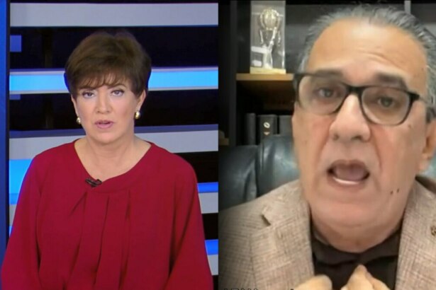 Dois quadros mostrando a apresentadora do Jornal da Record 24h e o pastor Silas Malafaia durante transmissão de áudios polêmicos. A apresentadora veste vermelho e está diante de um fundo com listras azuis e brancas, enquanto Malafaia aparece em chamada de vídeo, gesticulando com expressão exaltada, em frente a uma estante com troféus.