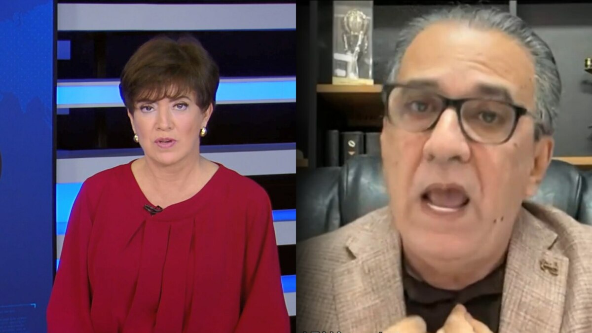 Dois quadros mostrando a apresentadora do Jornal da Record 24h e o pastor Silas Malafaia durante transmissão de áudios polêmicos. A apresentadora veste vermelho e está diante de um fundo com listras azuis e brancas, enquanto Malafaia aparece em chamada de vídeo, gesticulando com expressão exaltada, em frente a uma estante com troféus.