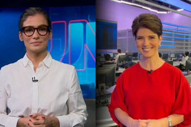 Apresentadora do Jornal Nacional, usando camisa branca com microfone preso, diante de um fundo azul com o logotipo “JN do Jornal Nacional; segunda imagem, apresentadora do Jornal da Record, Mariana Godoy, vestindo camisa vermelha com microfone preso, em cenário de redação de TV movimentada