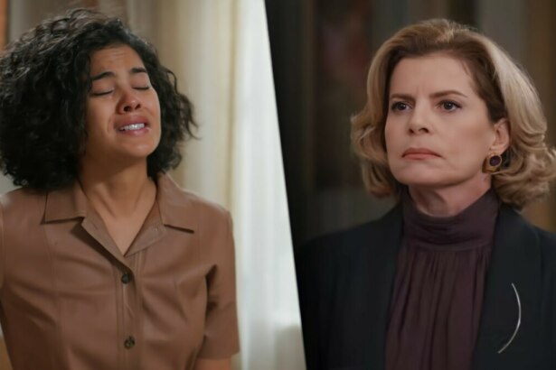Duas personagens da novela Vale Tudo em momento tenso: à esquerda, Maria de Fátima (Bella Campos) aparece emocionada e em conflito, vestindo camisa marrom; à direita, Odete (Debora Bloch) exibe expressão séria e firme, trajando blazer escuro. A cena retrata o confronto entre as duas, culminando no tapa que Odete dá em Fátima