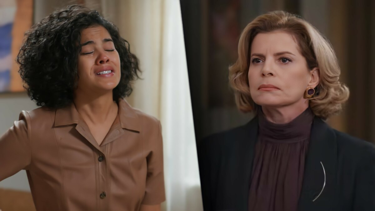 Duas personagens da novela Vale Tudo em momento tenso: à esquerda, Maria de Fátima (Bella Campos) aparece emocionada e em conflito, vestindo camisa marrom; à direita, Odete (Debora Bloch) exibe expressão séria e firme, trajando blazer escuro. A cena retrata o confronto entre as duas, culminando no tapa que Odete dá em Fátima