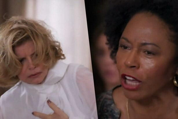 Odete Roitman com o cabelo todo bagunçado após levar um puxão de Eunice que grita contra ela em cena de Vale Tudo