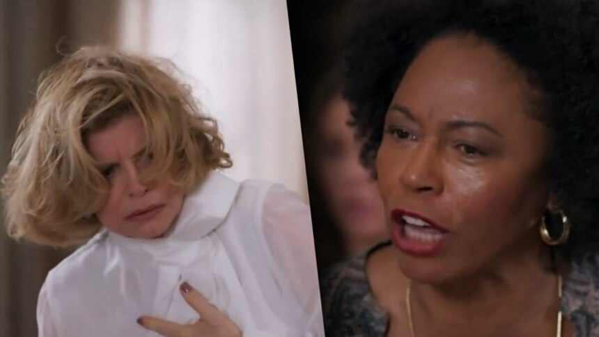 Odete Roitman com o cabelo todo bagunçado após levar um puxão de Eunice que grita contra ela em cena de Vale Tudo