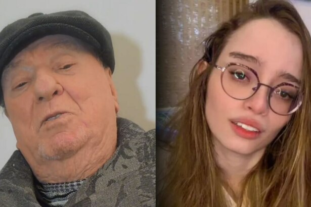Fotomontagem em tela dividida, mostrando à esquerda o apresentador Raul Gil, usando chapéu escuro e cachecol estampado, e à direita Nancy Gil, de cabelos longos e soltos, vestindo blusa clara, sentada diante de um fundo texturizado