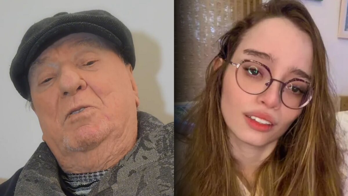 Fotomontagem em tela dividida, mostrando à esquerda o apresentador Raul Gil, usando chapéu escuro e cachecol estampado, e à direita Nancy Gil, de cabelos longos e soltos, vestindo blusa clara, sentada diante de um fundo texturizado