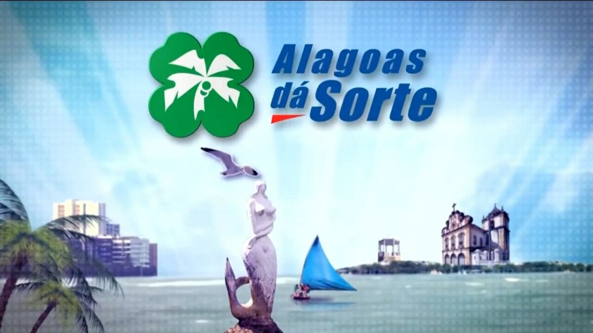 Resultado Alagoas dá Sorte: logo com trevo verde, paisagem litorânea de Alagoas, sereia, veleiro, igrejas e clima tropical
