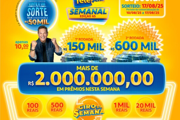 Bilhete da Tele Sena Semanal, edição 65, com a foto de Luis Ricardo e os valores dos prêmios em destaque