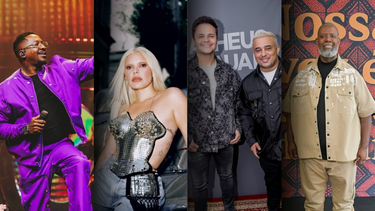 Cinco artistas posam em diferentes ambientes: Mumuzinho em traje roxo vibrante durante uma apresentação; Duda Beat com look metálico e ousado; Matheus & Kauan em frente a painel promocional, com jaquetas estampadas; e Péricles em roupa bege diante de fundo decorado. Todos são técnicos da nova temporada do The Voice Brasil no SBT