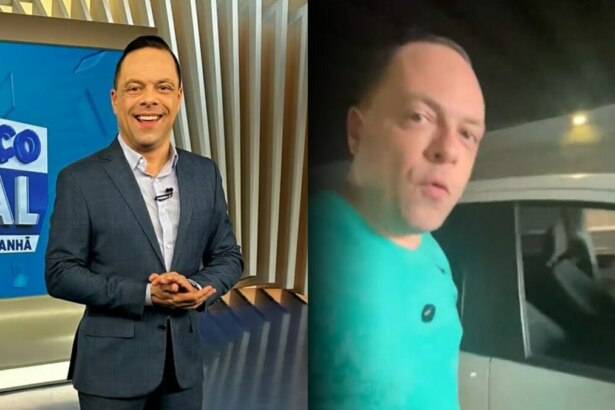 Montagem com duas cenas: à esquerda, o apresentador Thiago Gardinali, de terno escuro e camisa clara, em estúdio do programa 'Balanço Geral Manhã', diante de fundo azul com o nome do telejornal; à direita, ele à noite, usando camisa verde, ao lado de um carro branco com a porta aberta, após ter sido vítima de assalto em São Paulo