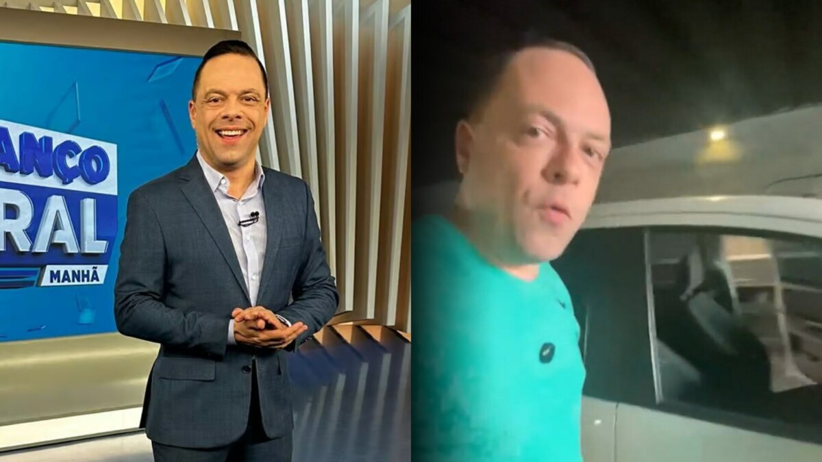 Montagem com duas cenas: à esquerda, o apresentador Thiago Gardinali, de terno escuro e camisa clara, em estúdio do programa 'Balanço Geral Manhã', diante de fundo azul com o nome do telejornal; à direita, ele à noite, usando camisa verde, ao lado de um carro branco com a porta aberta, após ter sido vítima de assalto em São Paulo