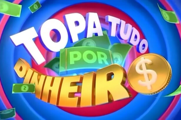 Logo colorido do Topa Tudo Por Dinheiro (SBT) com letras em 3D, notas e moedas, em fundo vibrante azul e vermelho