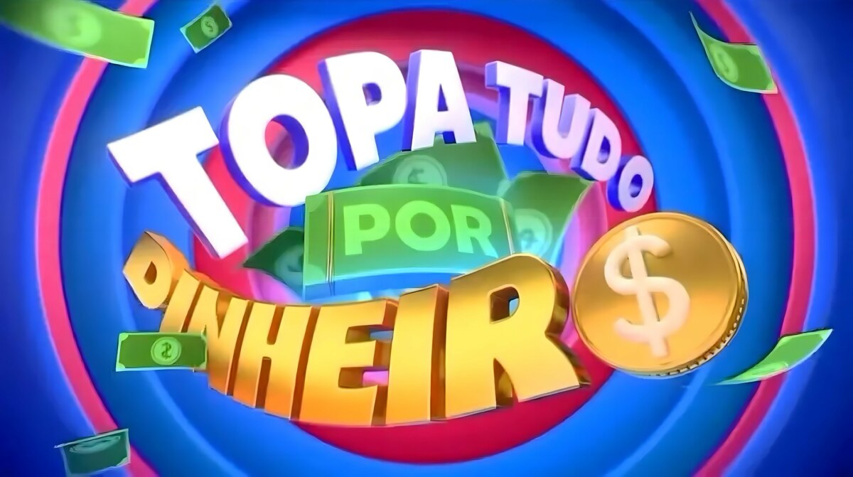 Logo colorido do Topa Tudo Por Dinheiro (SBT) com letras em 3D, notas e moedas, em fundo vibrante azul e vermelho
