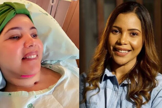 Montagem da cantora Amanda Wanessa: à esquerda, ela sorri em uma cama de hospital, com um curativo no pescoço. À direita, ela sorri de cabelo solto em um retrato antigo.