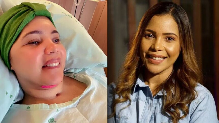 Montagem da cantora Amanda Wanessa: à esquerda, ela sorri em uma cama de hospital, com um curativo no pescoço. À direita, ela sorri de cabelo solto em um retrato antigo.