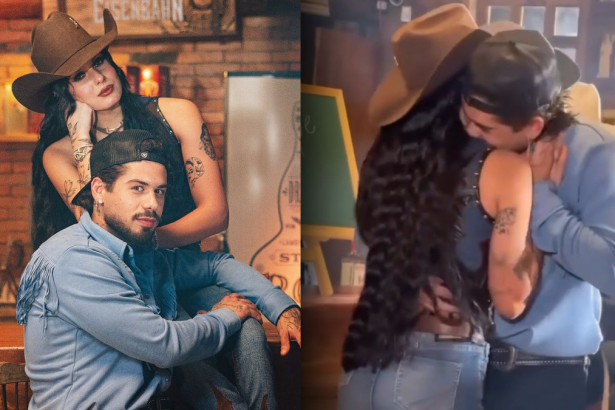 Montagem de duas fotos de Ana Castela e Zé Felipe. Na primeira, eles posam sorrindo; na segunda, se abraçam e se olham em um clima de romance.