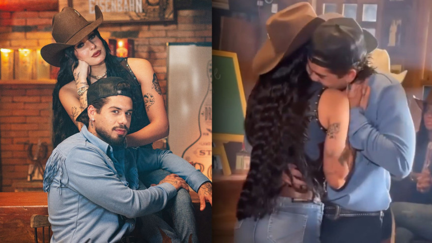 Montagem de duas fotos de Ana Castela e Zé Felipe. Na primeira, eles posam sorrindo; na segunda, se abraçam e se olham em um clima de romance.