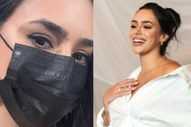 Bruna Biancardi de mascará preta e também sorridente em uma montagem