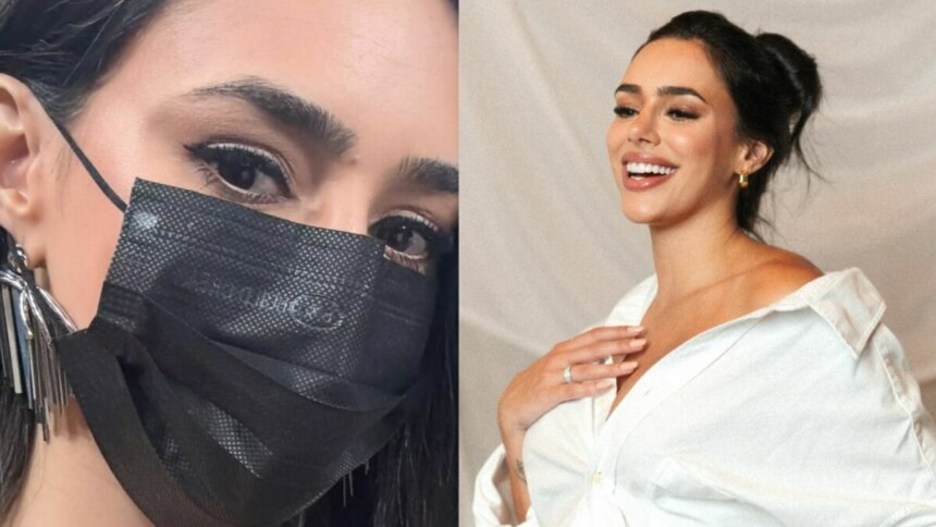 Bruna Biancardi de mascará preta e também sorridente em uma montagem